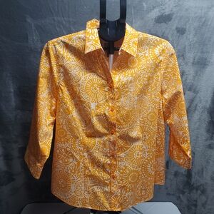 Chico's Orange and White 3/4 Sleeve Button Down Shirt